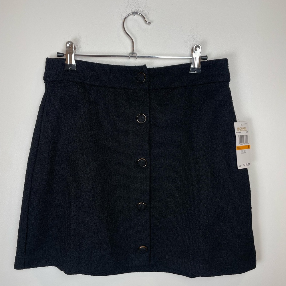 Michael Kors Black Textured Mini Skirt with Gold Buttons Old Money Quiet Luxury